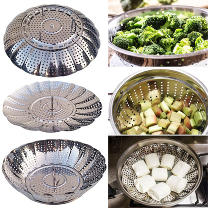 Stainless Steel Extendable Food Steamer Basket with Collapsible Handle & Anti-Hot Design Stainless Steel Food Steamer Extendable Basket Folding Collapsible Handle Anti-Hot - Fabulous Corner