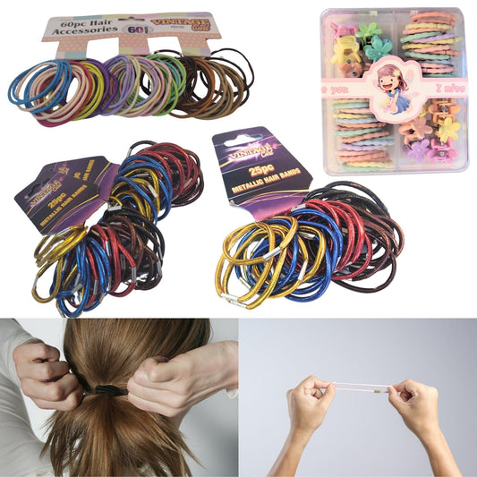 60 Pc 25 Pc Hair Clips Bobbles Thick Thin Strong Shiny Ponytail Bands Elastics - Fabulous Corner