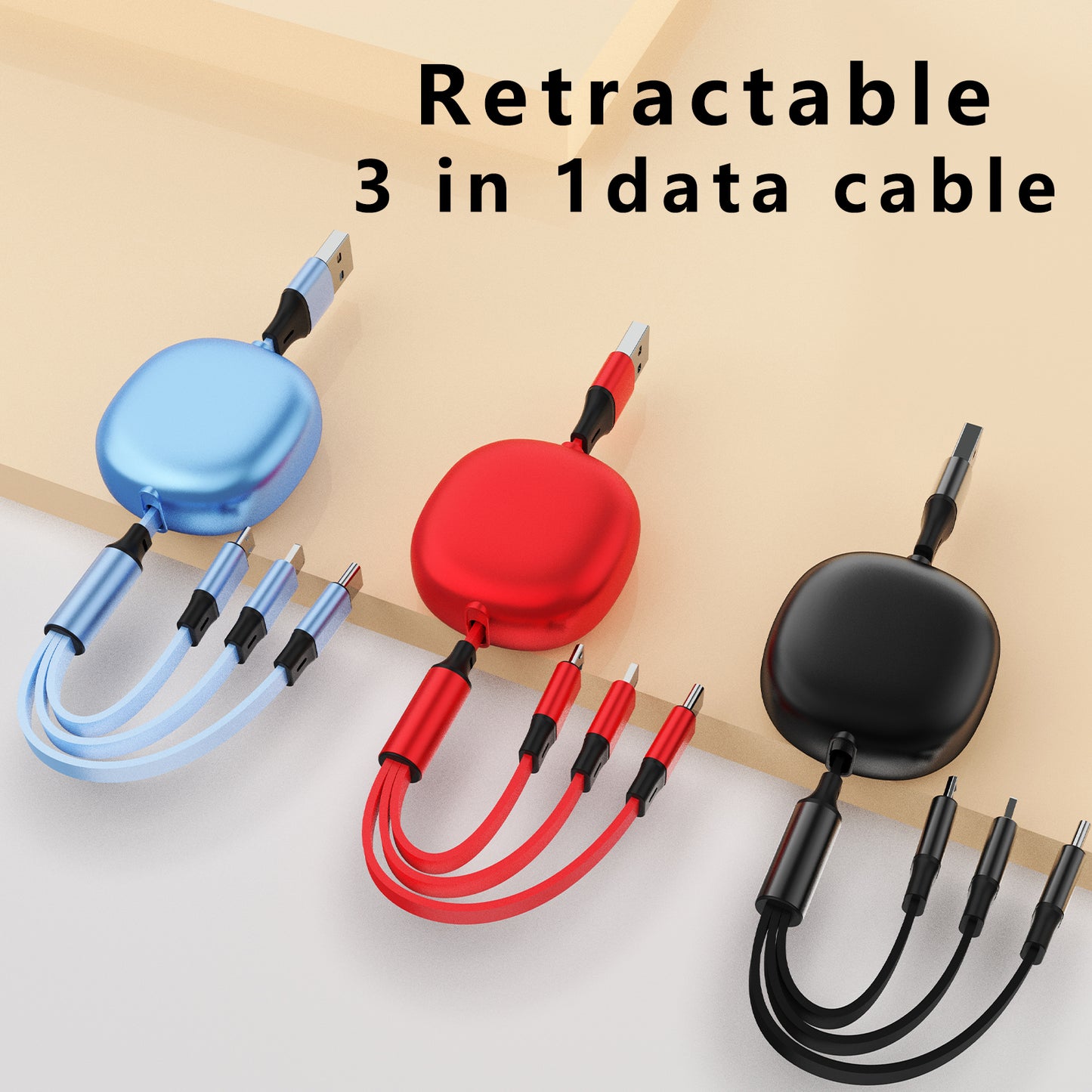 Universal 3 in 1 Retractable Data Cable – All-in-One Fast Charging Lead for iPhone & Android