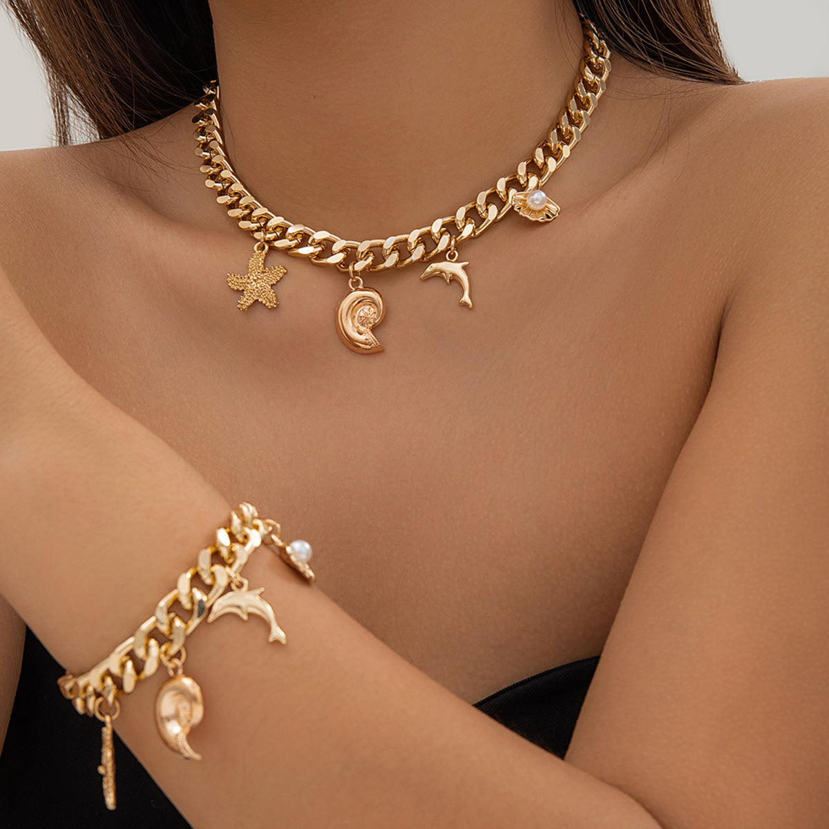 Boho Conch Dolphin Starfish Pendant Choker Bracelet Tassel Chain Jewelry