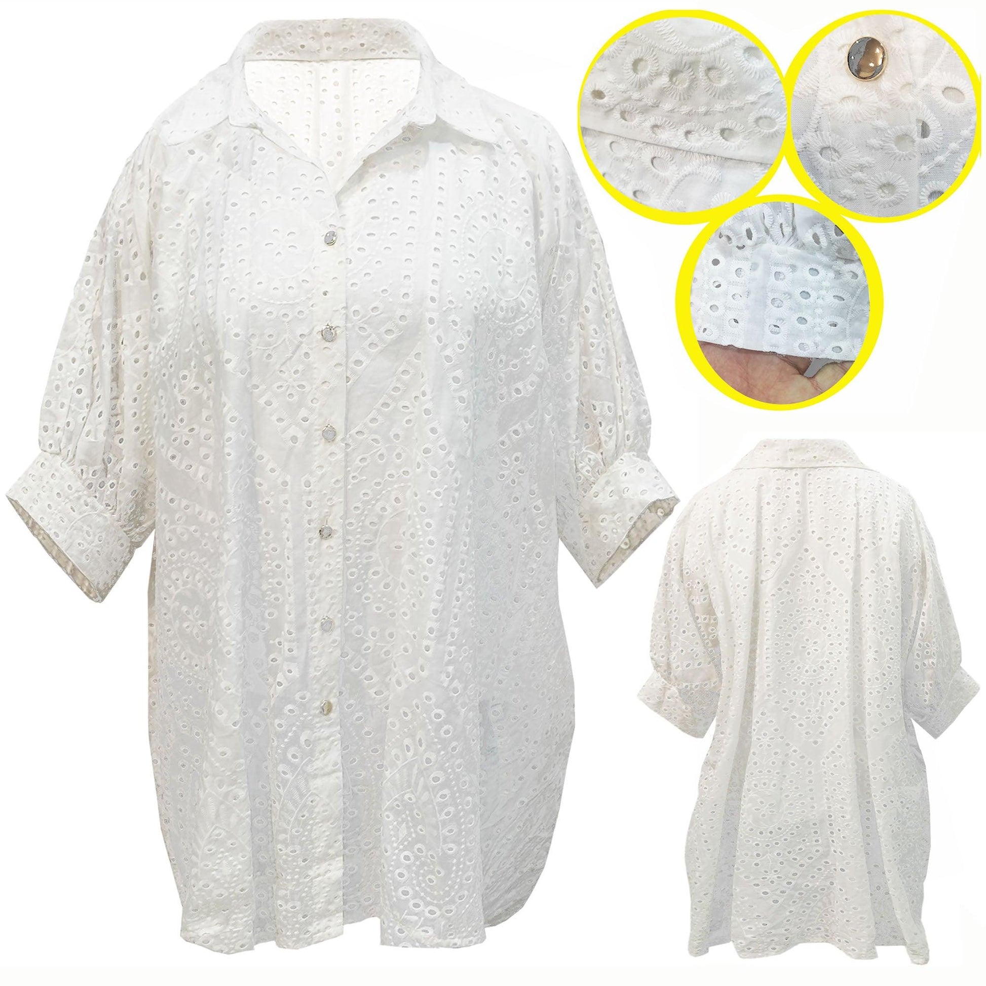 Golden Elegance: Front Button Loose-Fit Shirt Short Dress Top Ladies Womens Embroidered Blouse - Fabulous Corner