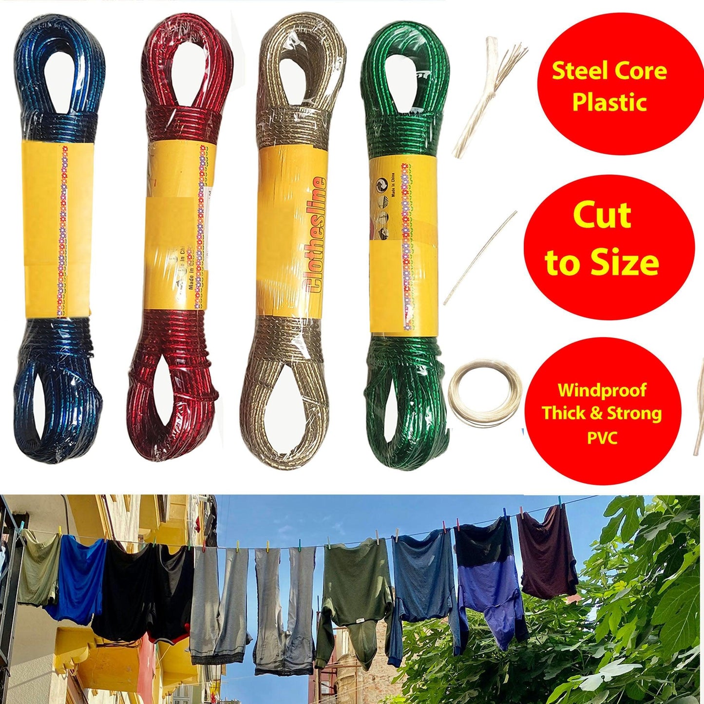 Extra Strong Washing Line Clothing Laundry Drying Line Steel Core Coated Free Hooks - Fabulous Corner